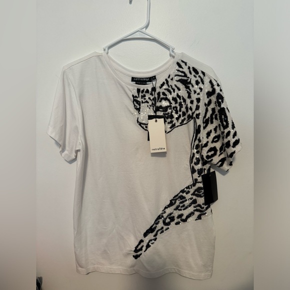 Retrofete Sequin Leopard White T-Shirt Top - Picture 2 of 5